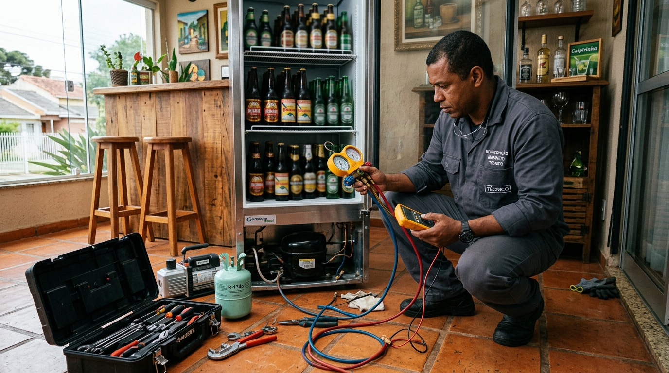 Técnico realizando manutenção de motor de cervejeira em Zona Leste‑SP
