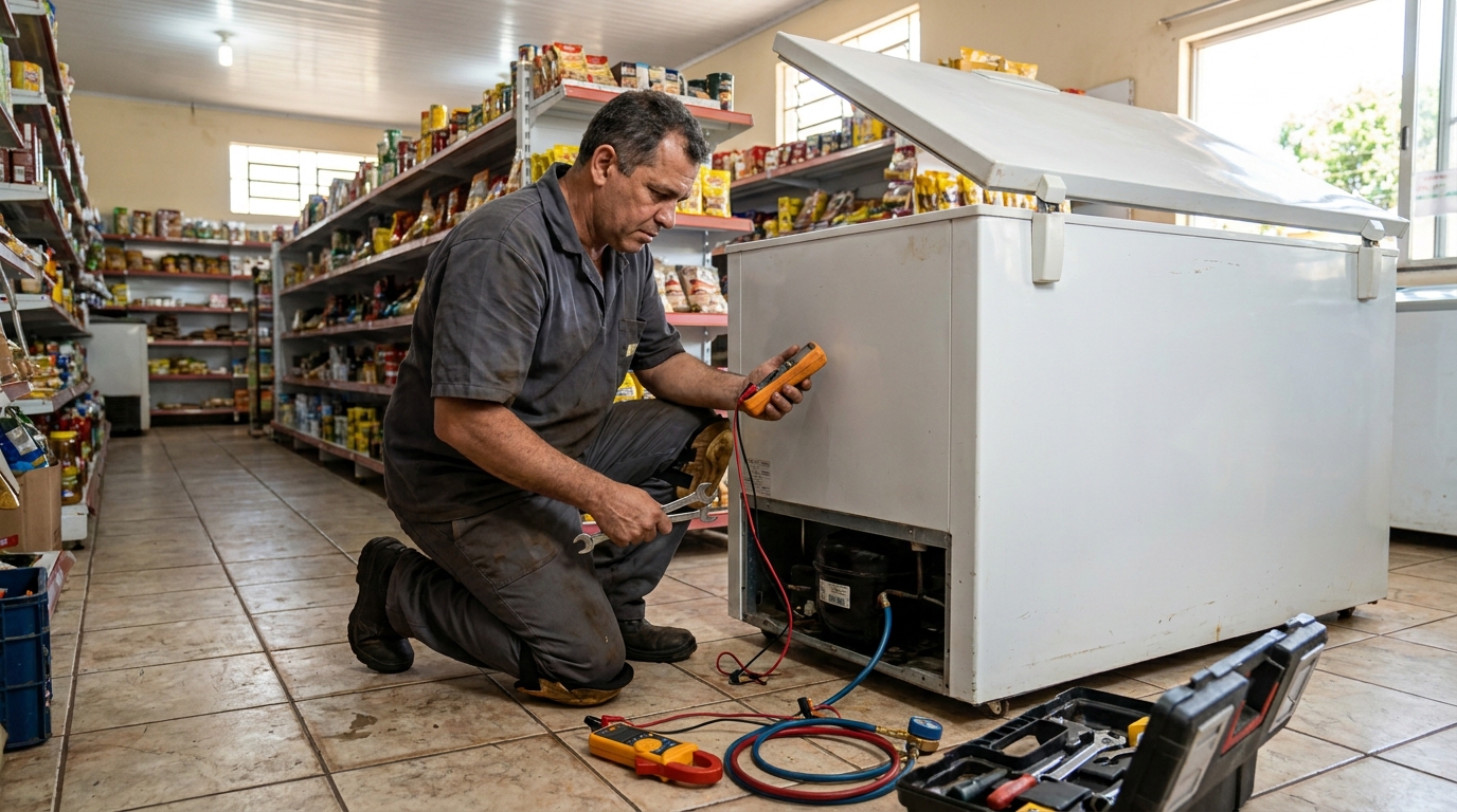 Troca de termostato de freezer em atendimento técnico em Zona Leste‑SP